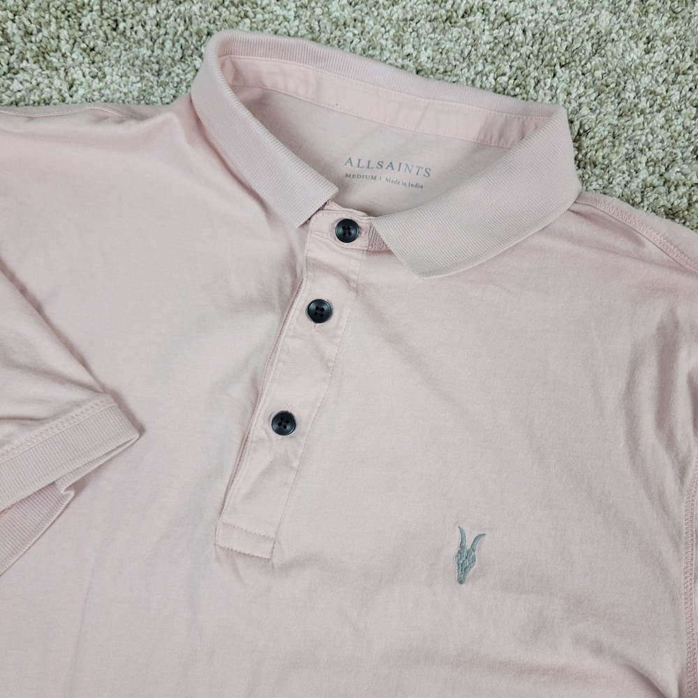 Allsaints Mens Medium Solid Pink Stretch Knit Polo‎ Short Sleeve